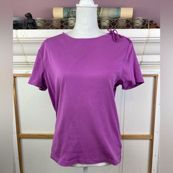 Lauren Ralph Lauren sailor lilac knit top w/ lacing on shoulder & gold hardware - Picture 1 of 8